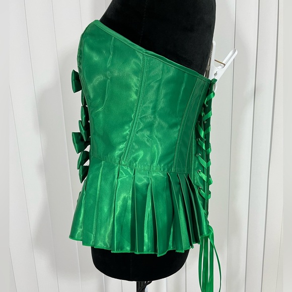 Bright Green Satin Peplum Style Bow Accented Strapless Lace Up Corset Top XL - Picture 5 of 11